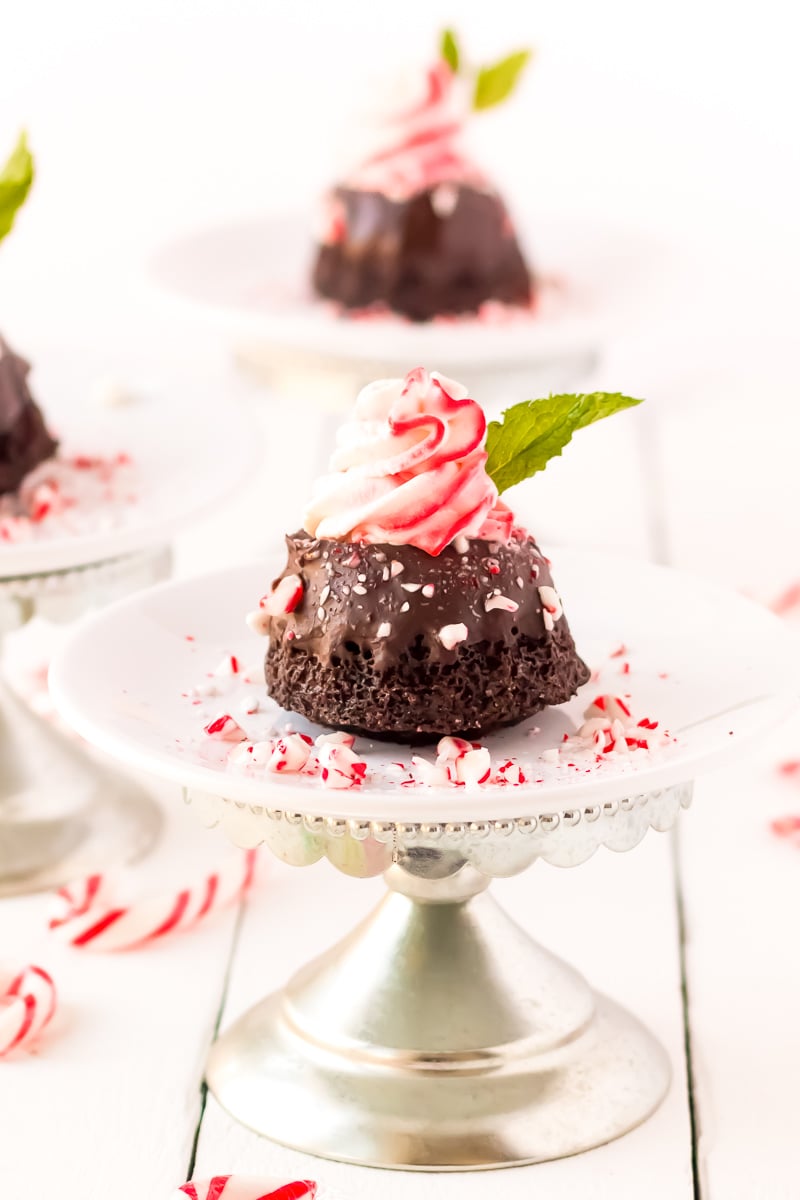 These Mini Chocolate Peppermint Bundt Cakes are a rich, decadent single-serve dessert made with cocoa powder, coffee, and topped with peppermint whipped cream, these treats taste like a coffeehouse favorite!