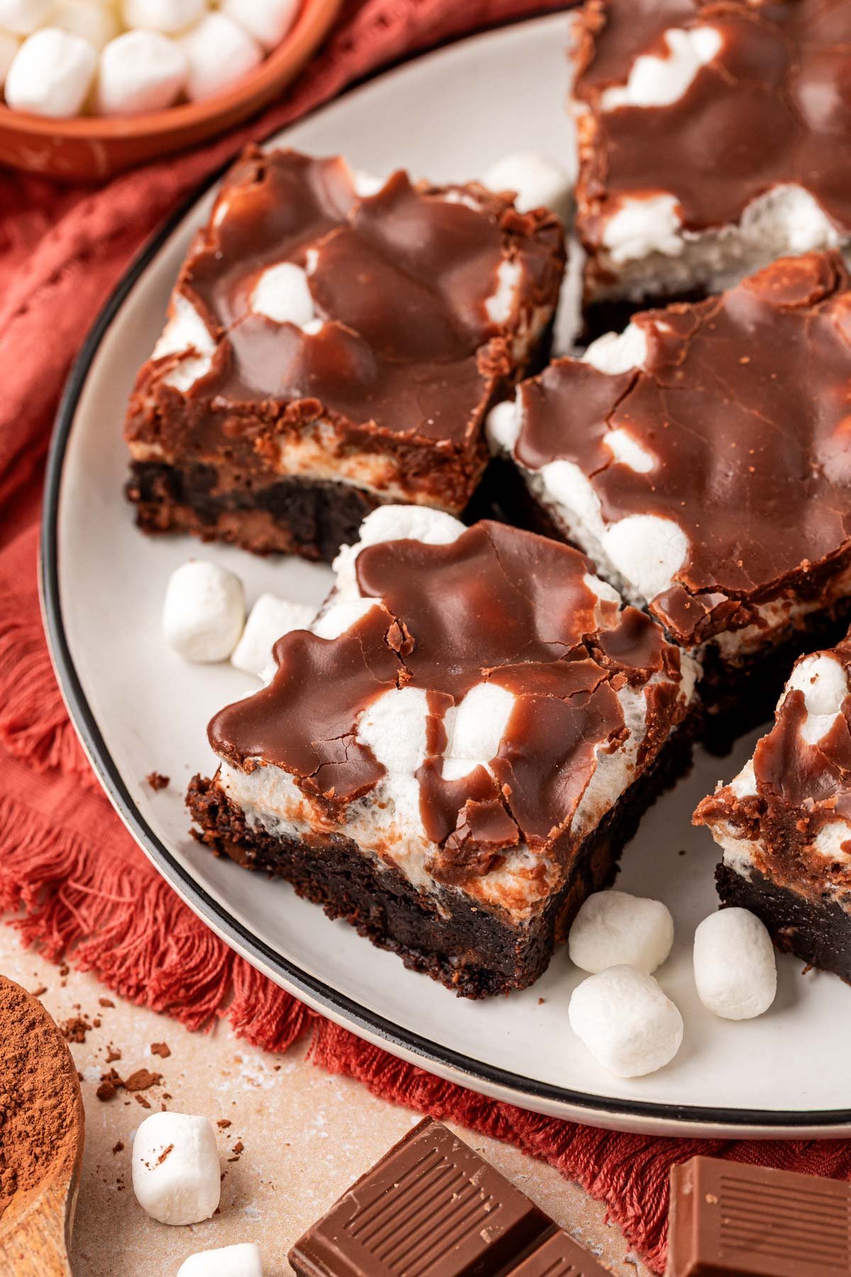 A plate of Mississippi Mud Brownies on a white plate.