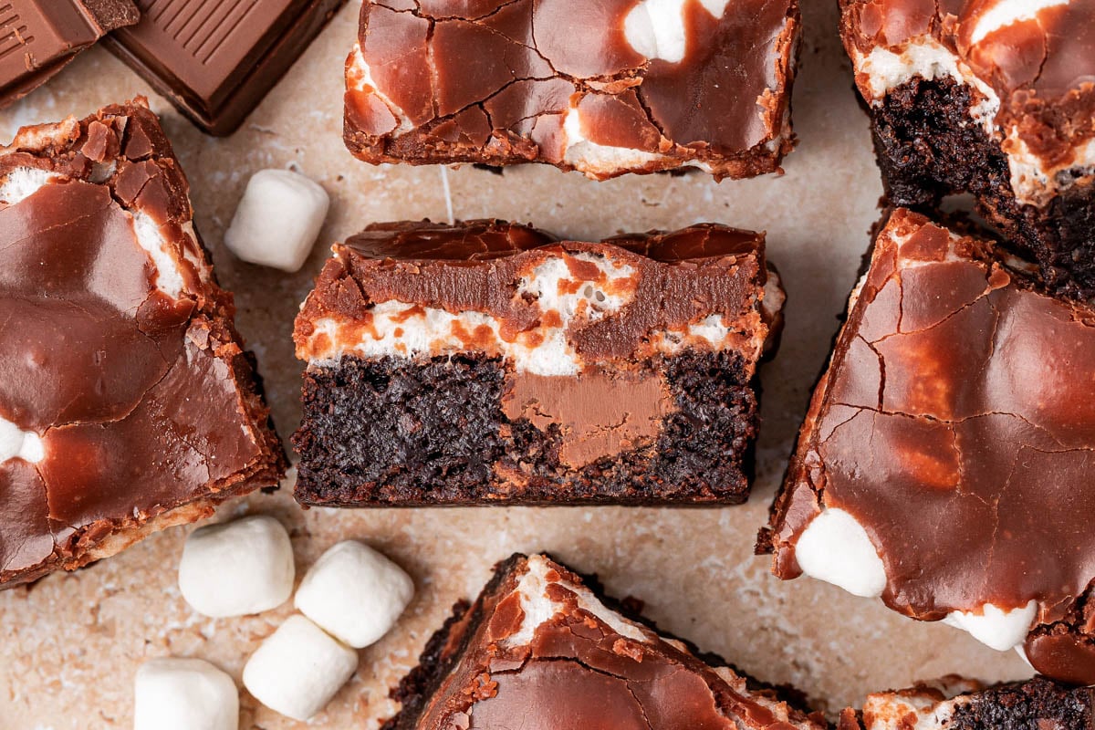 Mississippi Mud Pie Brownies sliced up on a table.