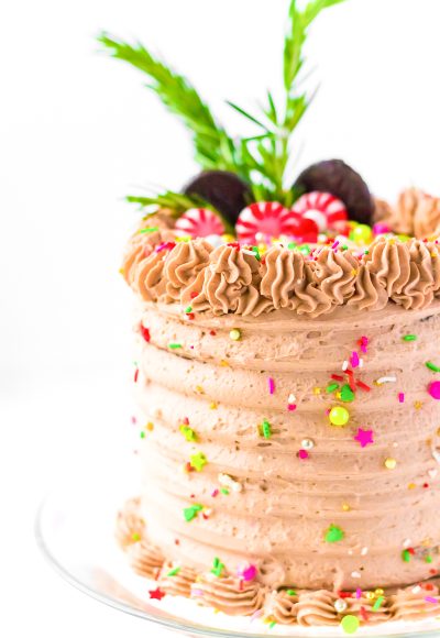 This Peppermint Cocoa Cake is rich, moist, and chocolaty with a whipped cream frosting that's laced with peppermint!