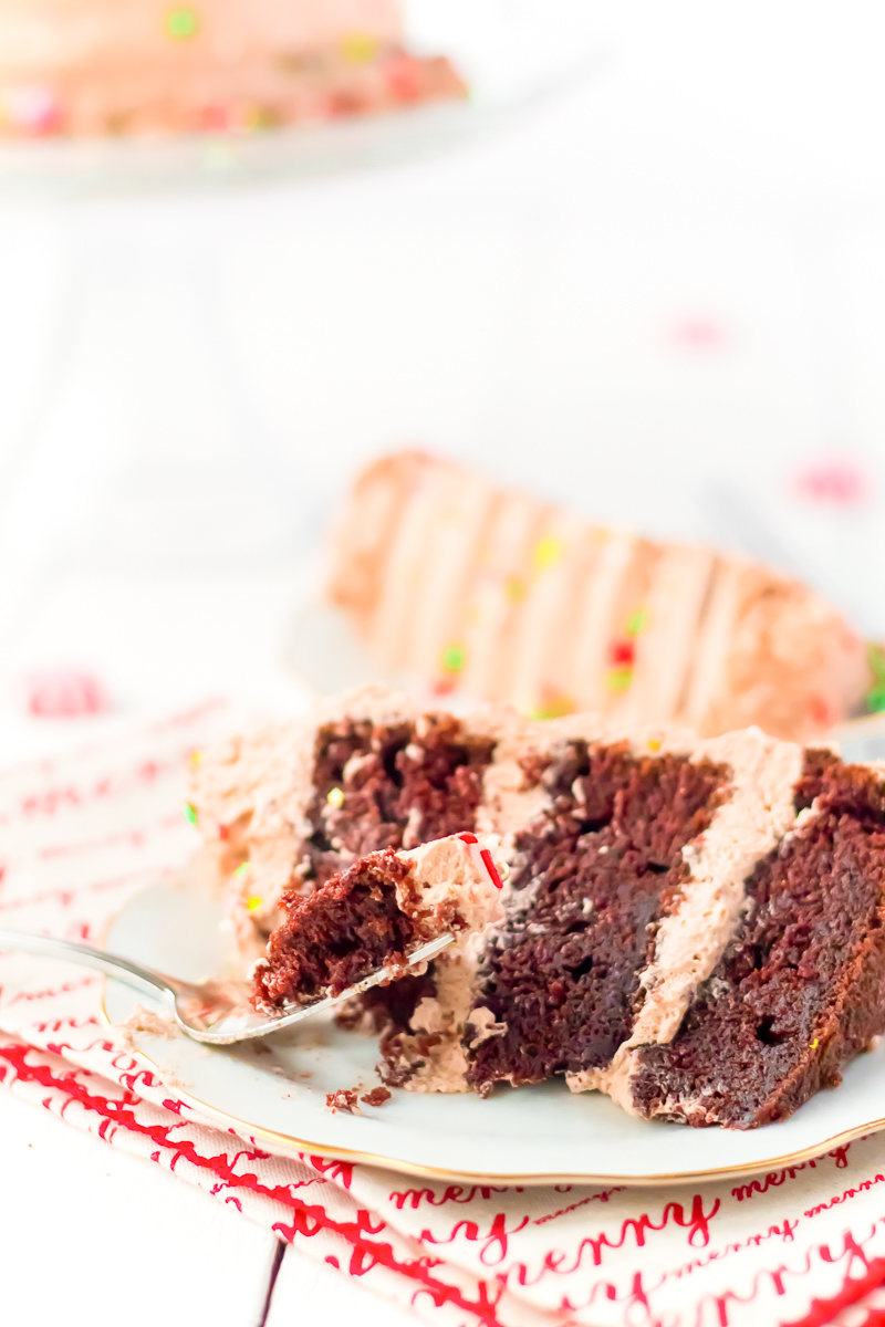 This Peppermint Cocoa Cake is rich, moist, and chocolaty with a whipped cream frosting that's laced with peppermint!