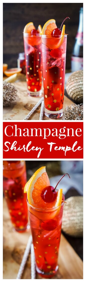 This Champagne Shirley Temple switches out soda for some bubbly for a twist on the classic making it perfect for New Year's Eve! via @sugarandsoulco