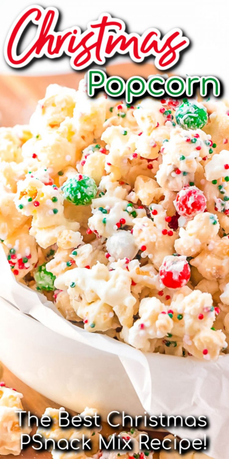 Close up photo of christmas popcorn with text overlay.