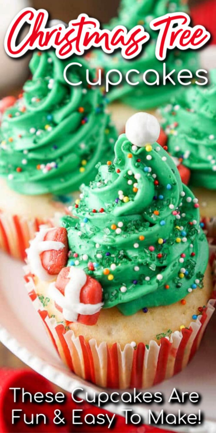 Pinterest photo of christmas tree cupcakes with text overlay.