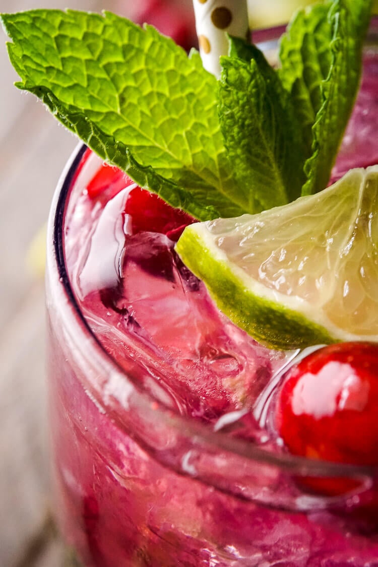 Cranberry Mojito Punch close up in glass