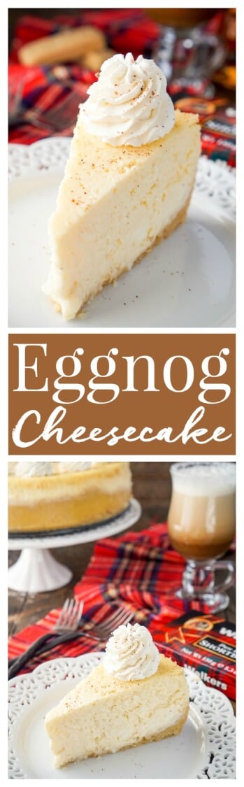 This Eggnog Cheesecake is enclosed in a sweet shortbread cookie crust and laced with whisky and nutmeg for the ultimate holiday dessert! via @sugarandsoulco