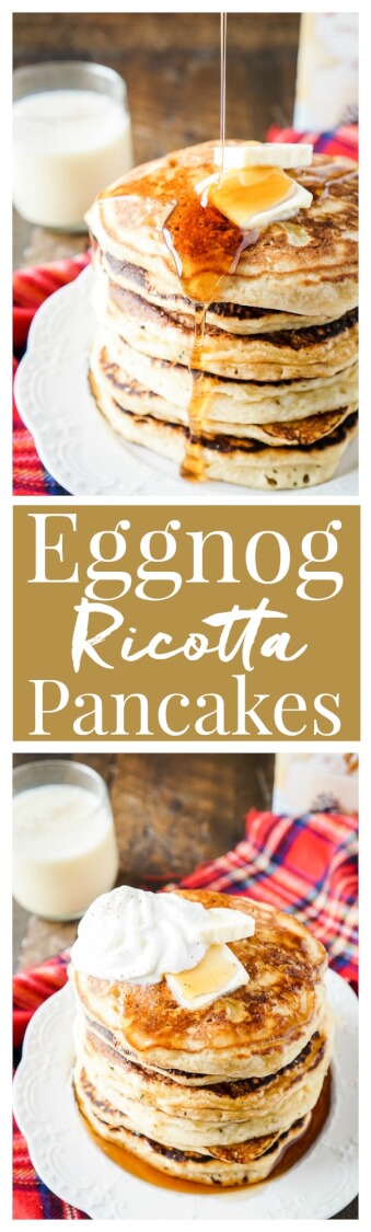 These Eggnog Ricotta Pancakes are fluffy and full of holiday flavor! Made with a creamy eggnog and ricotta base, these cook right up in minutes and make a fantastic holiday breakfast! Top them with butter, syrup, and whipped cream!