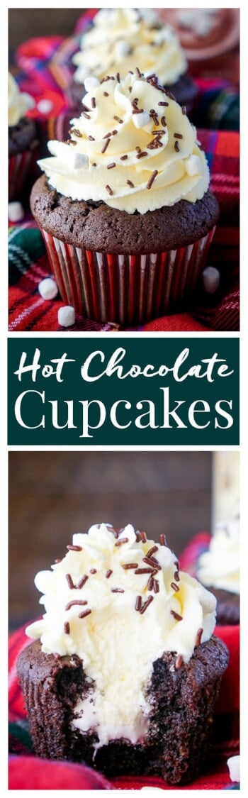 These Hot Chocolate Cupcakes are made with actual hot chocolate in the batter, filled with marshmallow fluff, and finished with a vanilla whipped cream frosting! They're everything you love about the classic drink in cupcake form, a perfect winter and holiday dessert!