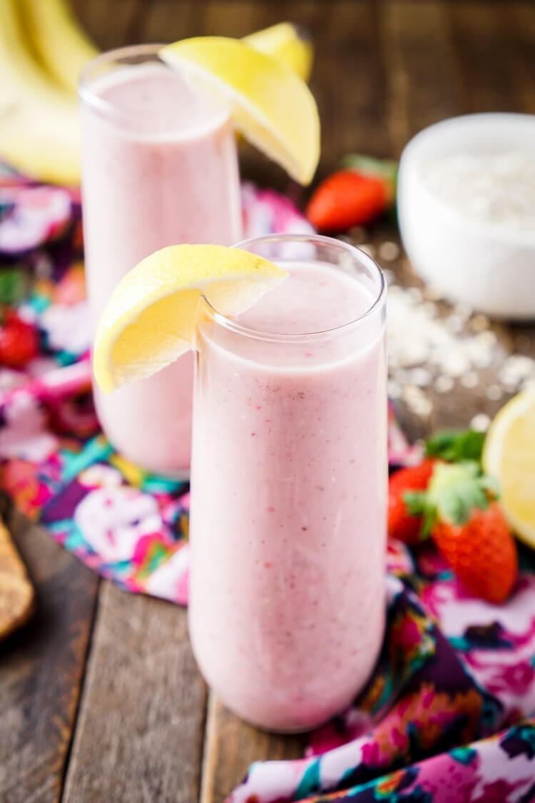 This Strawberry Banana Lemon Smoothie is a bright and delicious way to start the day! A balanced blend of fresh fruit, yogurt, nut milk, flax, and oatmeal!