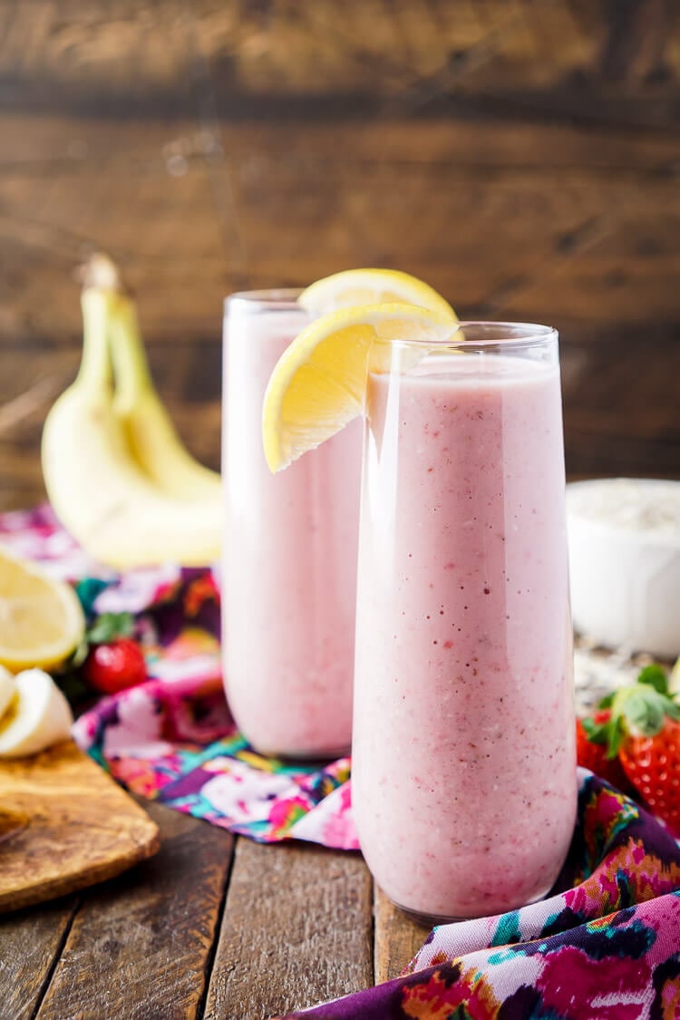 This Strawberry Banana Lemon Smoothie is a bright and delicious way to start the day! A balanced blend of fresh fruit, yogurt, nut milk, flax, and oatmeal!