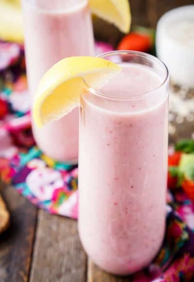 This Strawberry Banana Lemon Smoothie is a bright and delicious way to start the day! A balanced blend of fresh fruit, yogurt, nut milk, flax, and oatmeal!