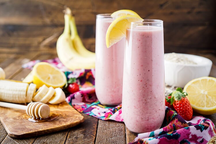 This Strawberry Banana Lemon Smoothie is a bright and delicious way to start the day! A balanced blend of fresh fruit, yogurt, nut milk, flax, and oatmeal!