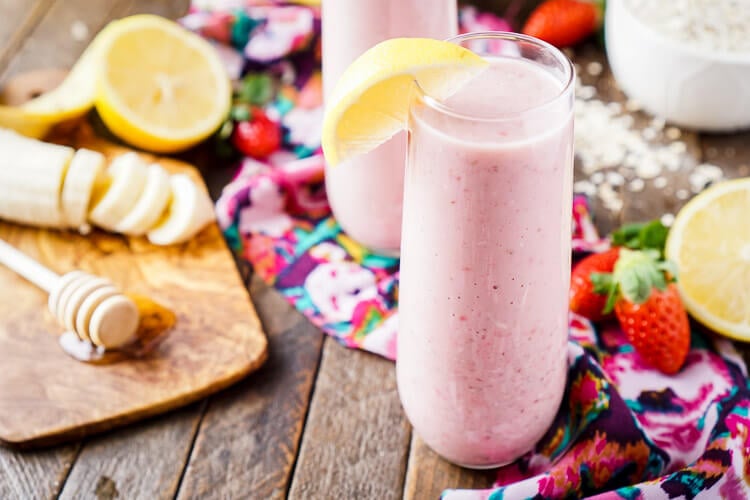 This Strawberry Banana Lemon Smoothie is a bright and delicious way to start the day! A balanced blend of fresh fruit, yogurt, nut milk, flax, and oatmeal!