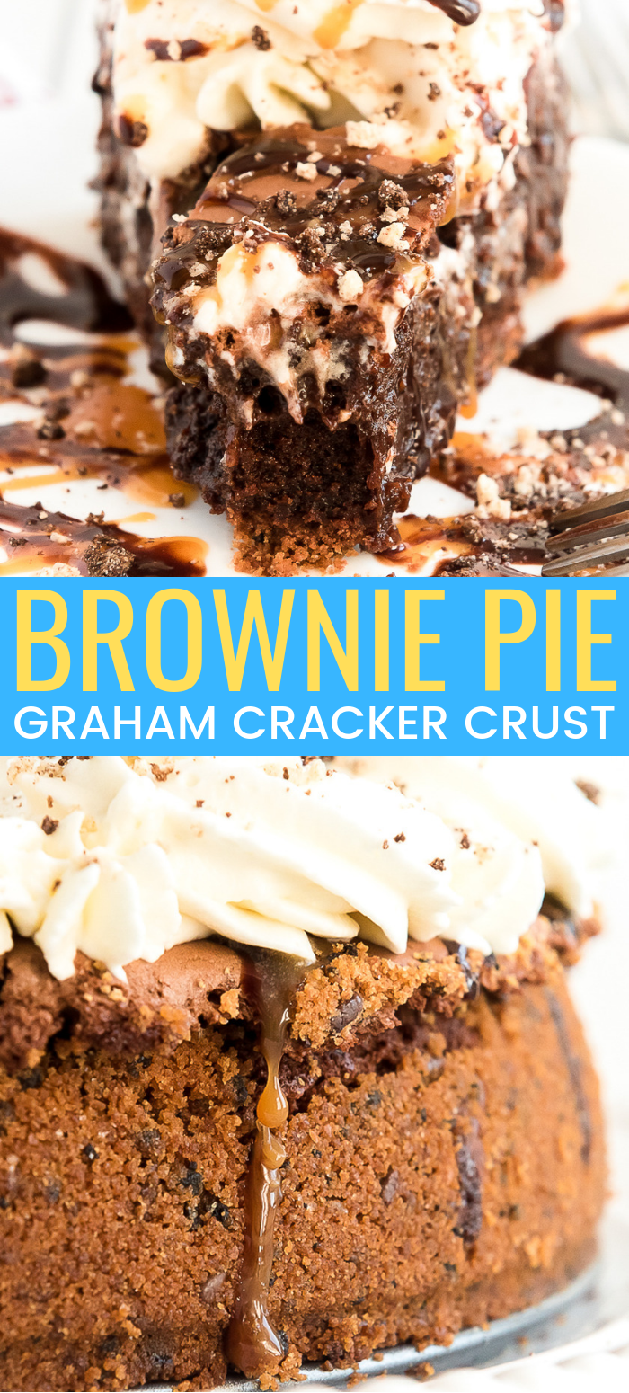 This Brownie Pie is the ultimate comfort dessert! A brownie baked into a graham cracker crust and laced with caramel, then topped with whipped cream and both caramel and chocolate drizzle! via @sugarandsoulco