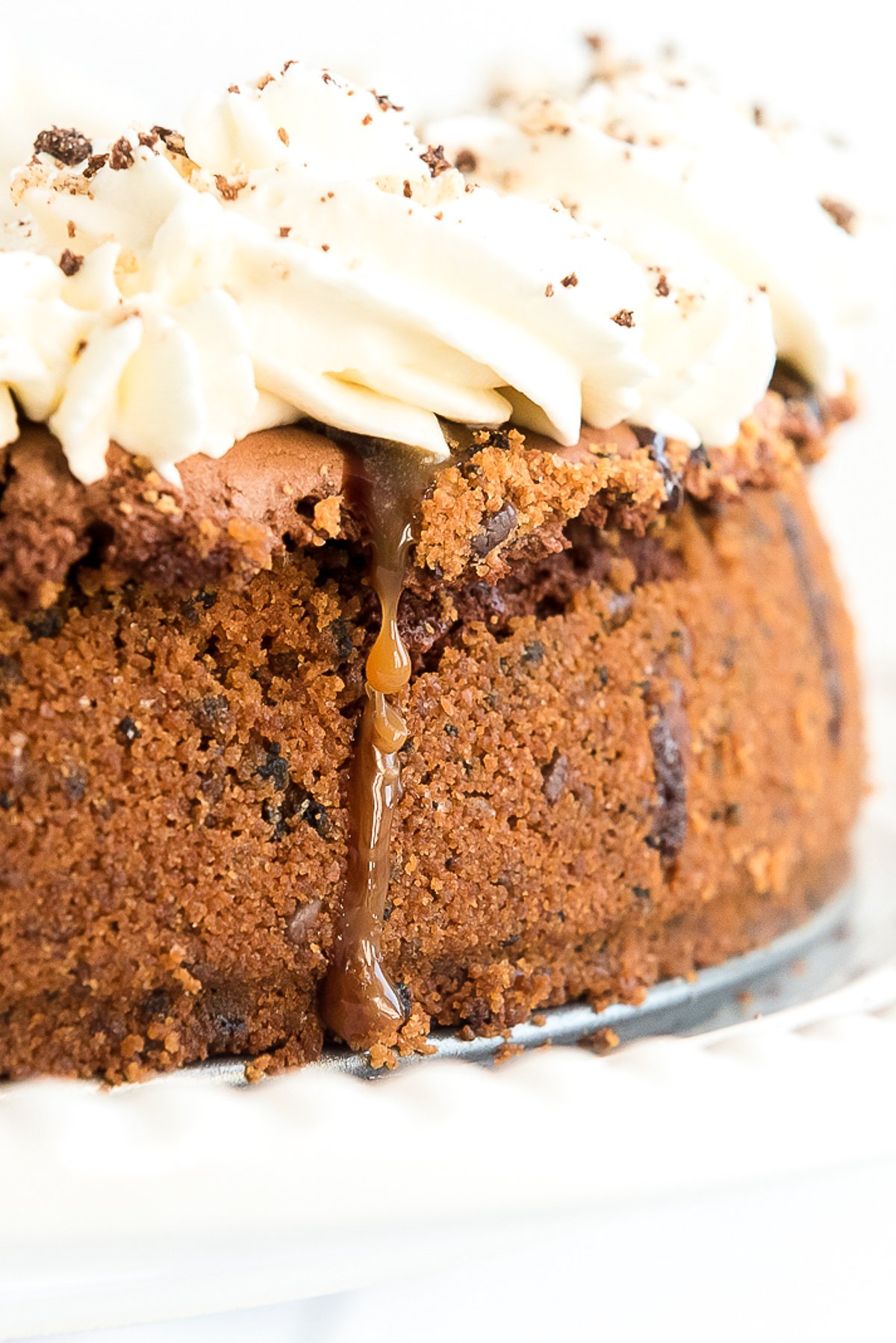 Close up photo of a brownie pie on a cake stand.