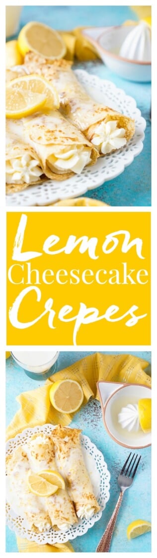 These Lemon Cheesecake Crepes are a rich and vibrantly flavored brunch! Make the batter up ahead of time in the blender and keep it in the fridge until you're ready to use, then you're just 20 minutes away from a plate of lemon heaven!