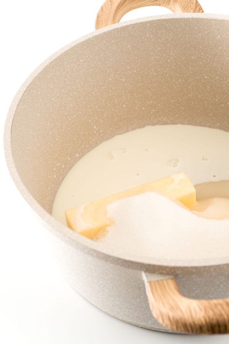 Butter, sugar, and milk in a large saucepan.