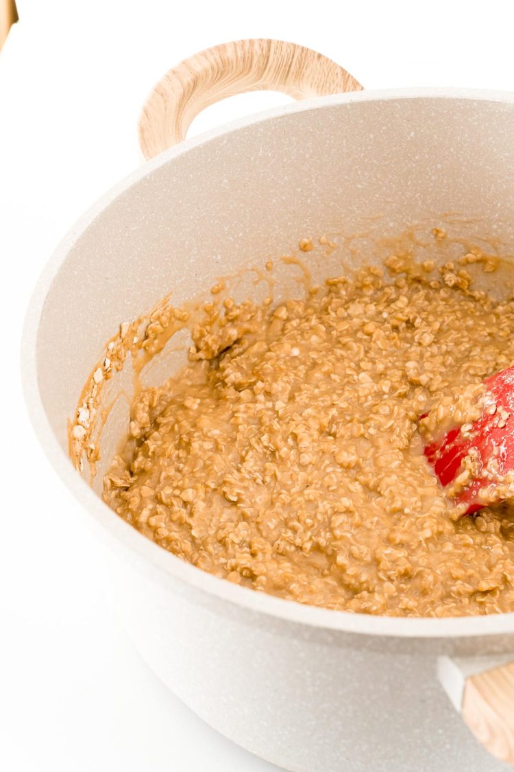 Peanut Butter no bake cookie mixture in a large saucepan.