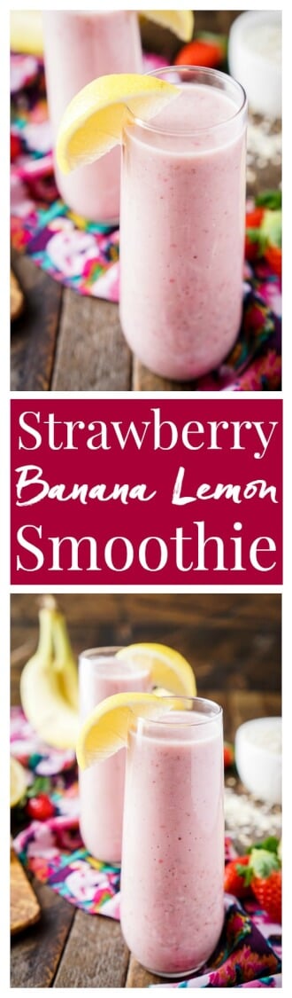 This Strawberry Banana Lemon Smoothie is a bright and delicious way to start the day! A balanced blend of fresh fruit, yogurt, nut milk, flax, and oatmeal!