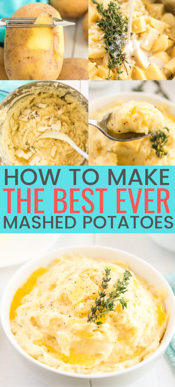 These are The Best Creamy Mashed Potatoes you'll ever make and super easy too! They're loaded with butter, milk, and cream and flavored with garlic and thyme and a touch of salt and pepper! via @sugarandsoulco