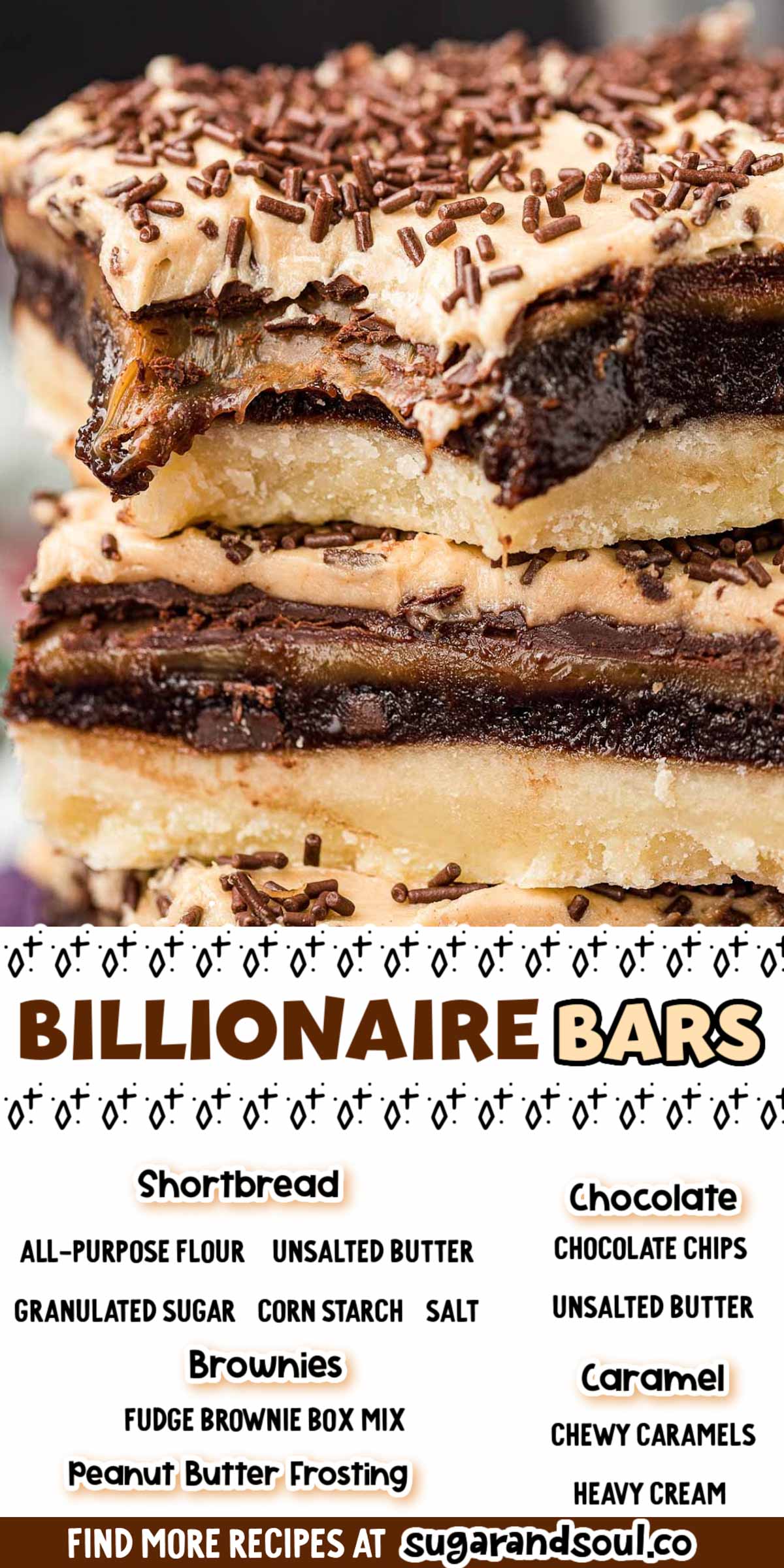 These Billionaire Bars are made with 5 glorious layers of RICH and DECADENT sugary favorites! Shortbread, brownie, caramel, chocolate, and peanut butter frosting combine for the ultimate dessert bar! Everyone will be begging you for the recipe! via @sugarandsoulco