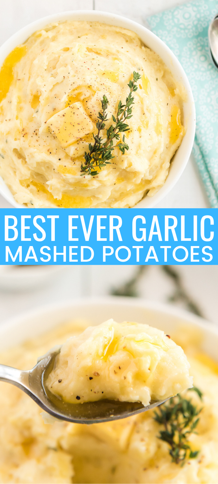 These are The Best Creamy Mashed Potatoes you'll ever make and super easy too! They're loaded with butter, milk, and cream and flavored with garlic and thyme and a touch of salt and pepper! via @sugarandsoulco