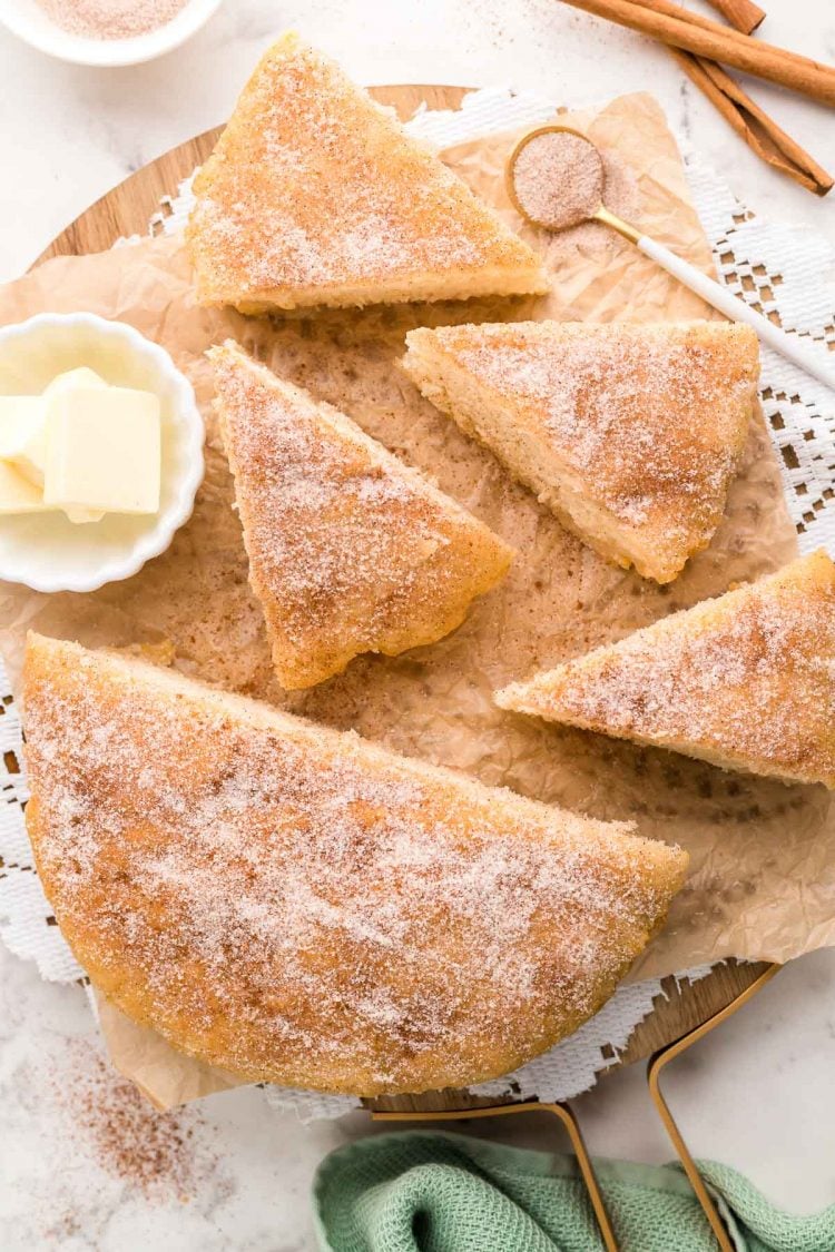 Overhead photo of bannock bread topped with cinnamon sugar.