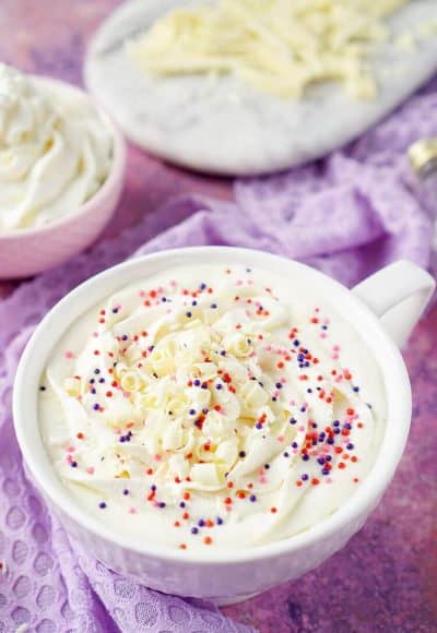 This Boozy or Not White Hot Chocolate is a fun dessert beverage everyone can enjoy!