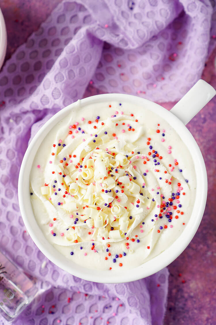 This Boozy or Not White Hot Chocolate is a fun dessert beverage everyone can enjoy!