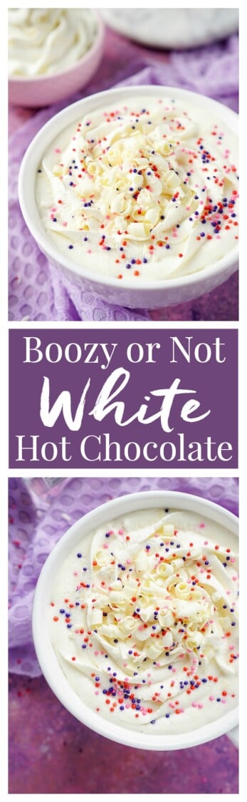 This Boozy or Not White Hot Chocolate is a fun dessert beverage everyone can enjoy for Valentine's Day or chilly winter nights!