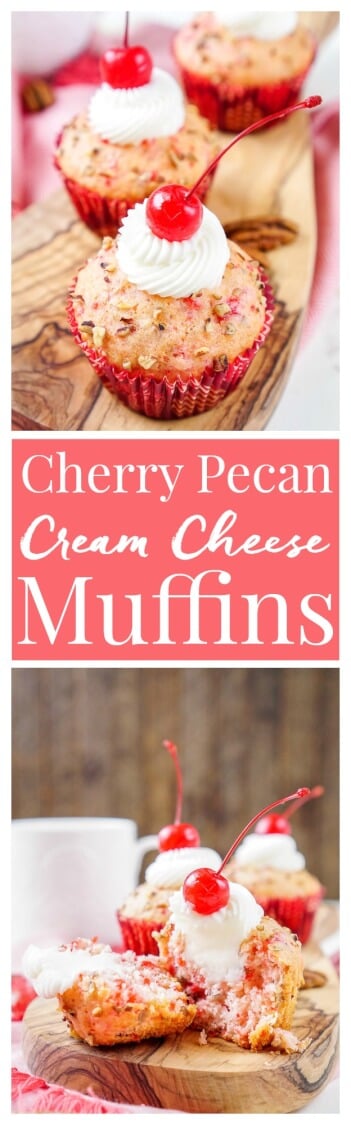 These Cherry Pecan Cream Cheese Muffins are a fun breakfast that borders on dessert! These muffins are loaded with cherry and pecan pieces and filled with a silky cream cheese filling with a hint of almond! Perfect for Valentine's Day or everyday!