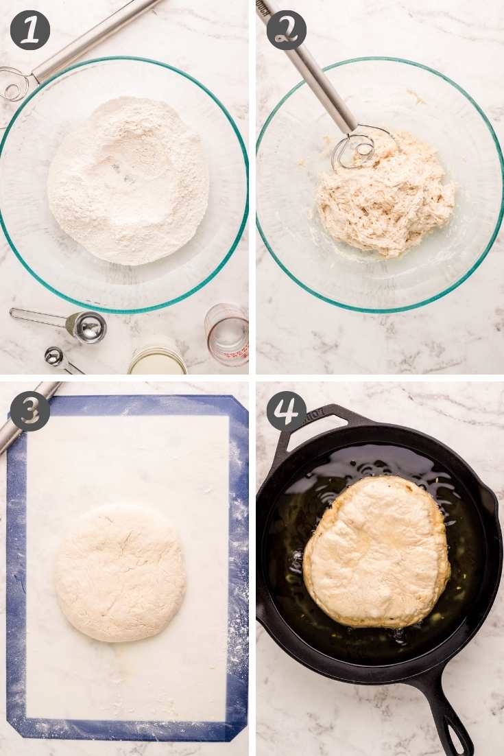 Step-by-step photo collage showing how to make bannock bread from scratch.