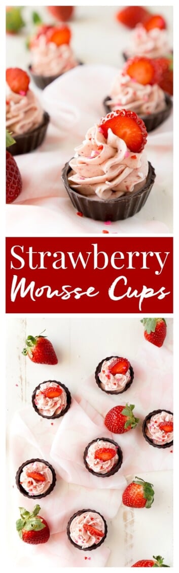 These Strawberry Mousse Cups are an easy dessert! A fluffy strawberry mousse is served in chocolate shells for a fun and simple treat that's great for Valentine's Day, baby showers, bridal showers, or anything else!