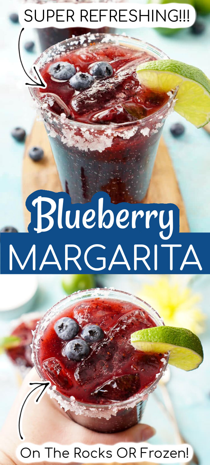 This Blueberry Margarita is made with ripe blueberries, lime juice, orange liqueur, and tequila for a fruity New England take on the classic cocktail! via @sugarandsoulco