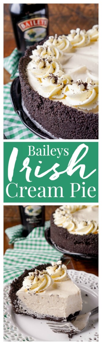 This Irish Cream Pie is an easy dessert laced with Baileys and perfect for St. Patrick's Day! A chocolate cookie crust filled with a cream marshmallow and Irish Cream filling and topped with vanilla whipped cream! via @sugarandsoulco