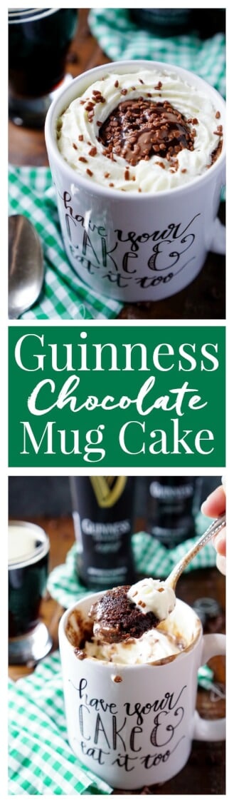 This Guinness Chocolate Mug Cake is ready in just 5 minutes and great for those nights when you want a little something sweet, fast! via @sugarandsoulco