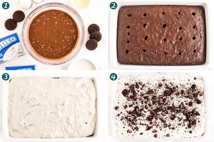 Step by step photo collage showing how to make oreo poke cake.