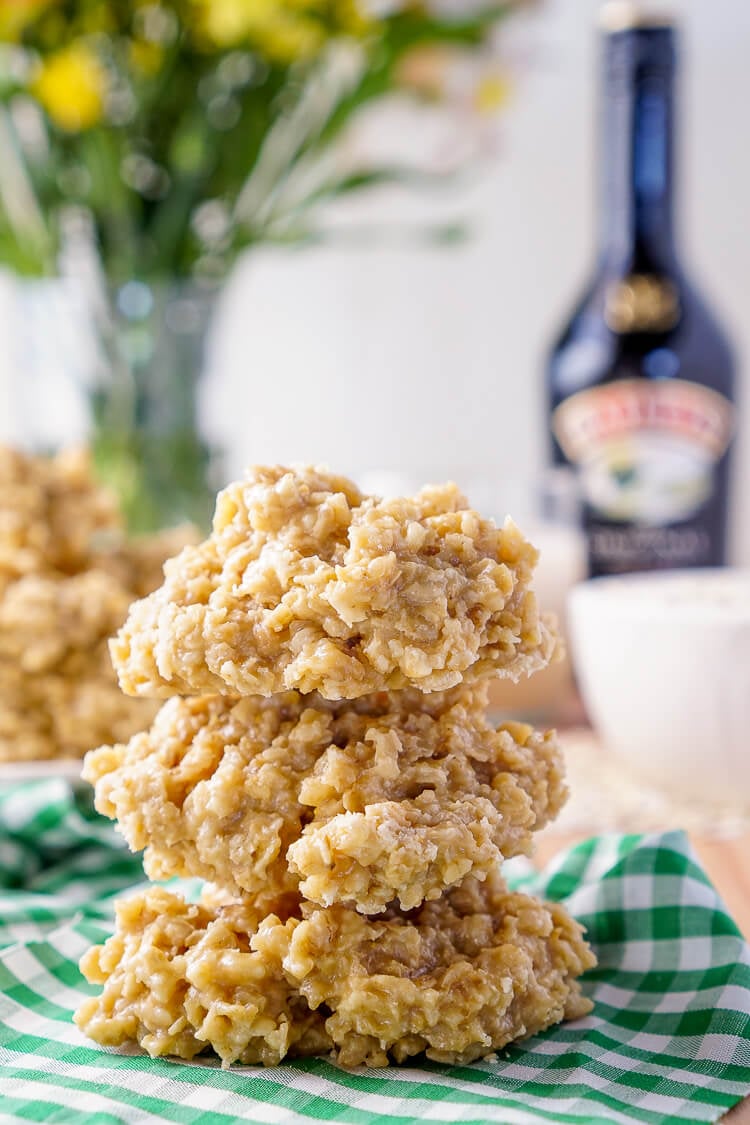 These Irish Cream No Bake Cookies are a boozy twist on the classic cookie recipe! Irish cream combined with sugar, butter, and oatmeal for a richly sweet treat that's perfect for St. Patrick's Day!