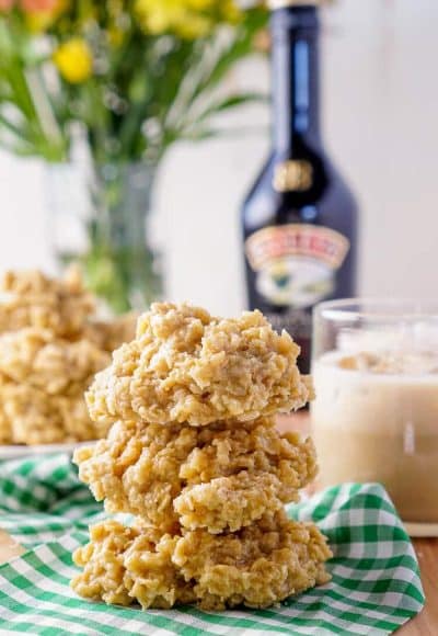 These Irish Cream No Bake Cookies are a boozy twist on the classic cookie recipe! Irish cream combined with sugar, butter, and oatmeal for a richly sweet treat that's perfect for St. Patrick's Day!