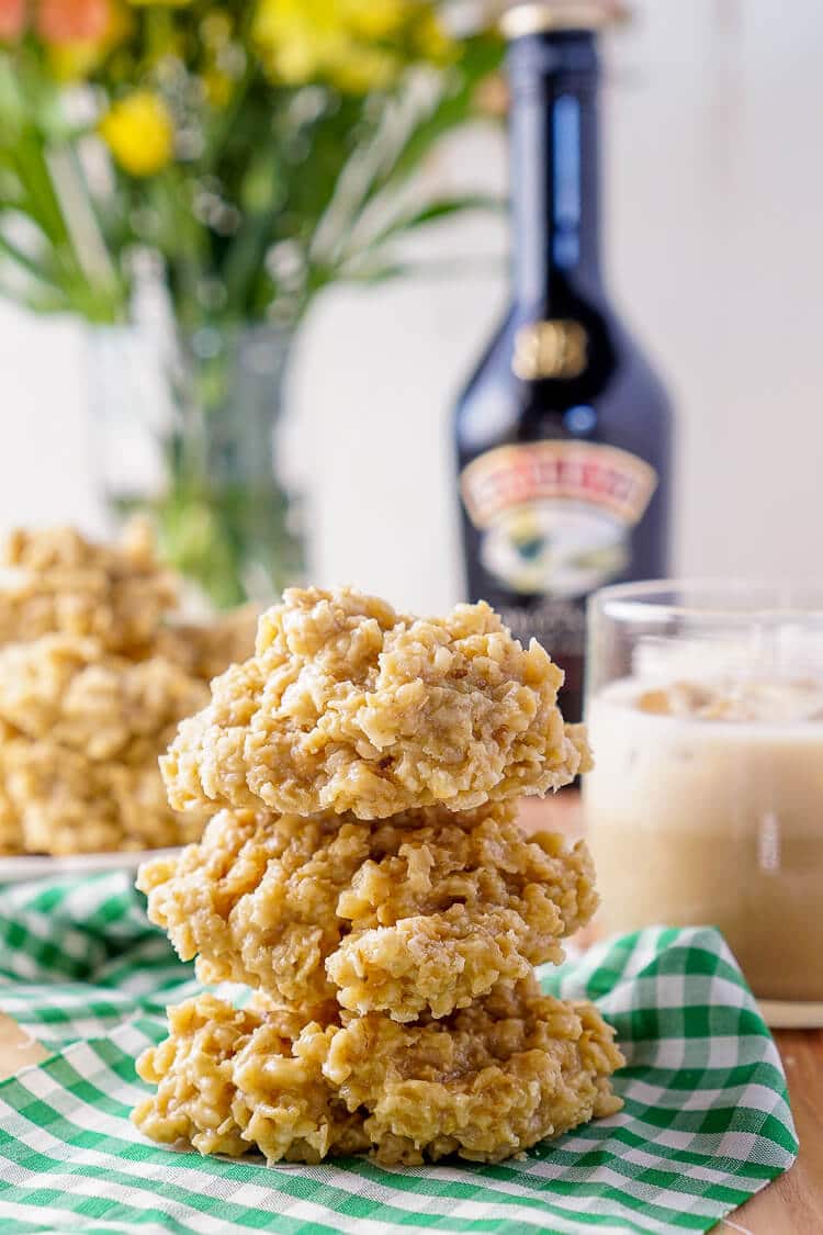 These Irish Cream No Bake Cookies are a boozy twist on the classic cookie recipe! Irish cream combined with sugar, butter, and oatmeal for a richly sweet treat that's perfect for St. Patrick's Day!