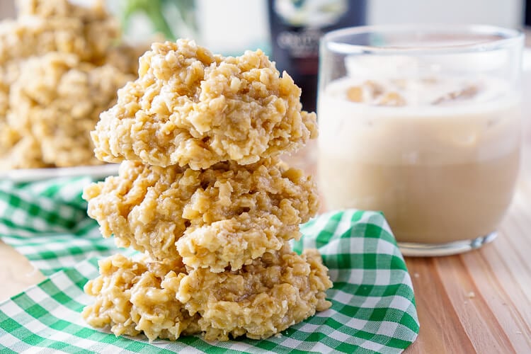 These Irish Cream No Bake Cookies are a boozy twist on the classic cookie recipe! Irish cream combined with sugar, butter, and oatmeal for a richly sweet treat that's perfect for St. Patrick's Day!