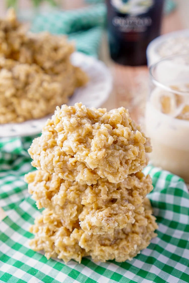 These Irish Cream No Bake Cookies are a boozy twist on the classic cookie recipe! Irish cream combined with sugar, butter, and oatmeal for a richly sweet treat that's perfect for St. Patrick's Day!