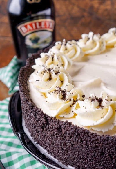 This Irish Cream Pie is an easy dessert laced with Baileys and perfect for St. Patrick's Day! A chocolate cookie crust filled with a cream marshmallow and Irish Cream filling and topped with vanilla whipped cream!