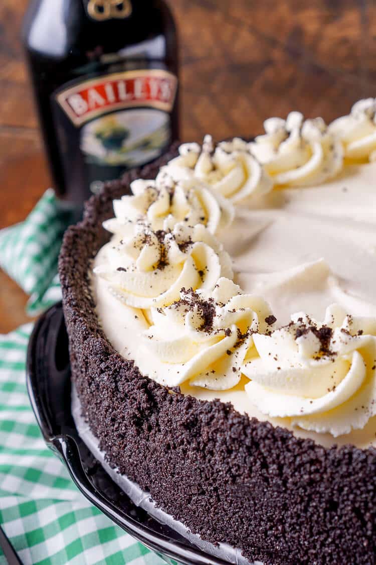 This Irish Cream Pie is an easy dessert laced with Baileys and perfect for St. Patrick's Day! A chocolate cookie crust filled with a cream marshmallow and Irish Cream filling and topped with vanilla whipped cream!