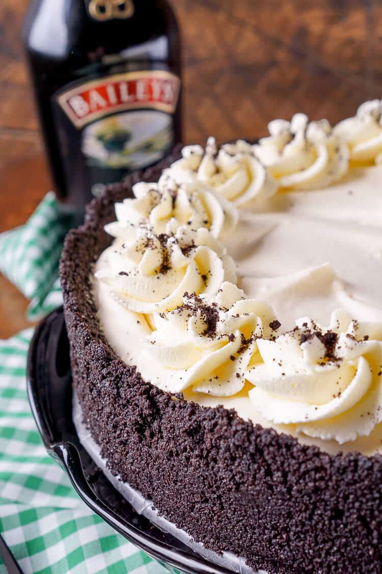 This Irish Cream Pie is an easy dessert laced with Baileys and perfect for St. Patrick's Day! A chocolate cookie crust filled with a cream marshmallow and Irish Cream filling and topped with vanilla whipped cream!