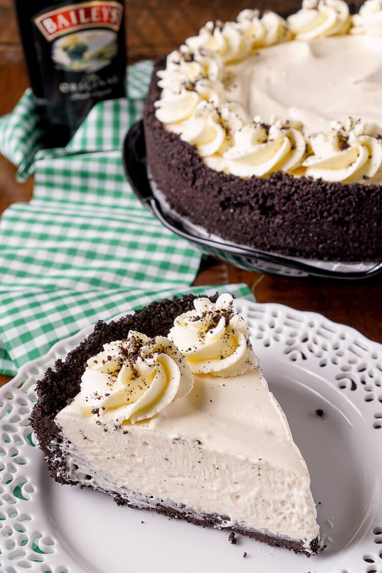 This Irish Cream Pie is an easy dessert laced with Baileys and perfect for St. Patrick's Day! A chocolate cookie crust filled with a cream marshmallow and Irish Cream filling and topped with vanilla whipped cream!