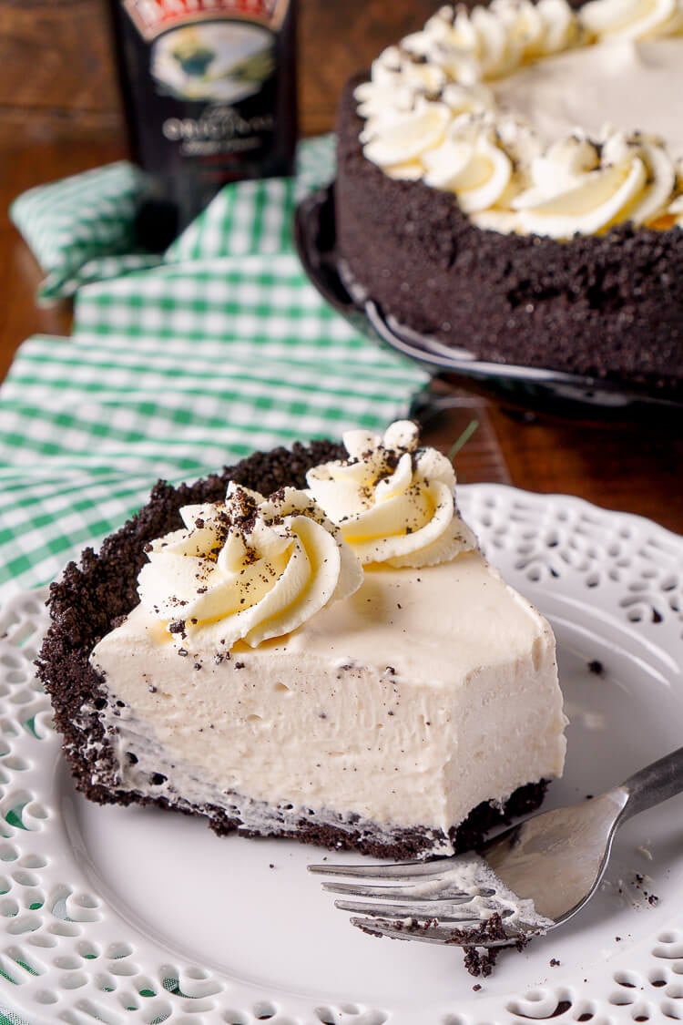This Irish Cream Pie is an easy dessert laced with Baileys and perfect for St. Patrick's Day! A chocolate cookie crust filled with a cream marshmallow and Irish Cream filling and topped with vanilla whipped cream!