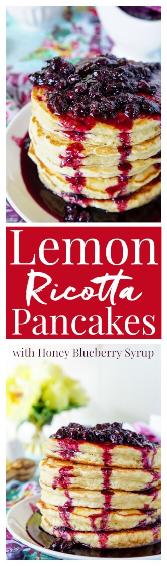 These Lemon Ricotta Pancakes are fluffy and laced with zest, then topped with a homemade Blueberry Honey Syrup for a sweet finish! via @sugarandsoulco