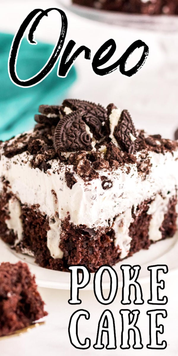 This Easy Oreo Poke Cake is so simple to make! A rich chocolate cake loaded with Oreo pudding and topped with a fluffy cookies and cream frosting! via @sugarandsoulco