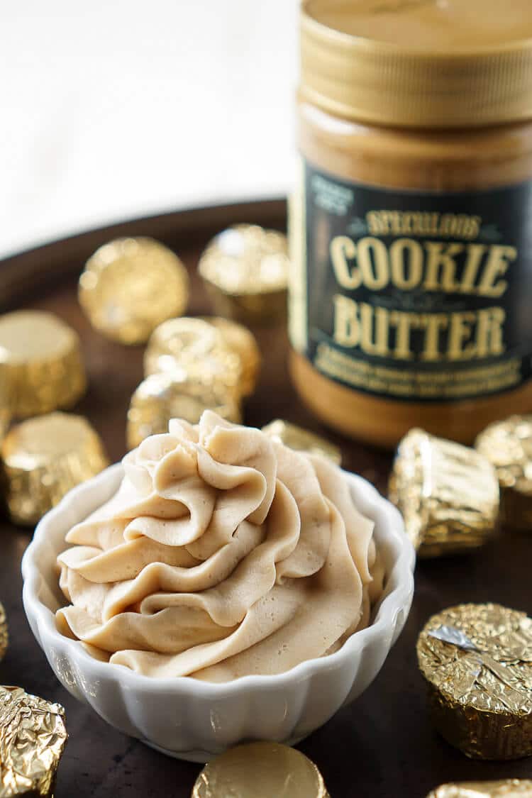 This Cookie Butter Frosting recipe is creamy and fluffy and perfect for topping cupcakes, sandwiching between cookies, or frosting cakes with!